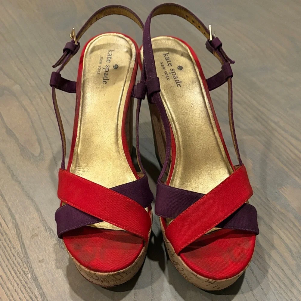 KATE SPADE Purple Red Colorblock Penny Cork Wedge Sandals